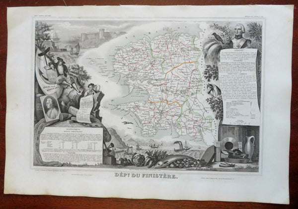 France Brittany Finistere Department Quimper 1856 Levasseur decorative map