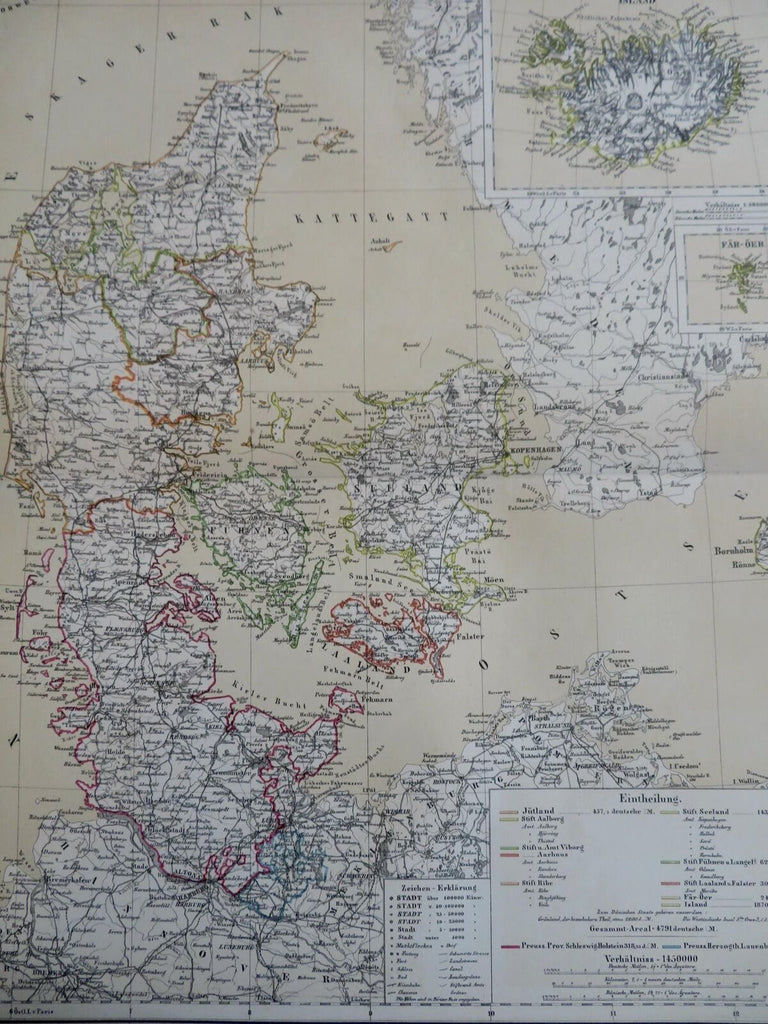 Denmark Iceland Schleswig-Holstein Prussia 1885 Flemming detailed map