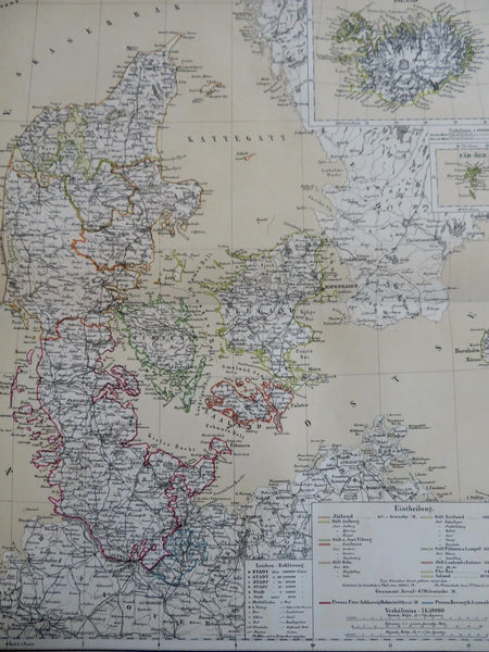 Denmark Iceland Schleswig-Holstein Prussia 1885 Flemming detailed map