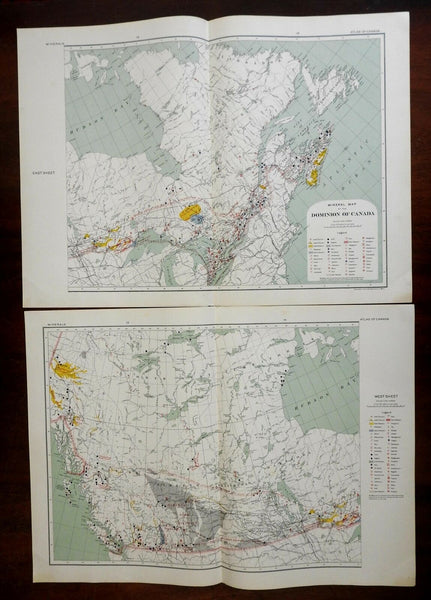 Dominion of Canada Mineral Map Gold Cobalt Iron Coal Salt 1915 two sheet map