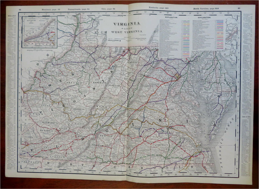 Virginia & West Virginia Richmond Charleston Norfolk c. 1880's-90 Cram large map