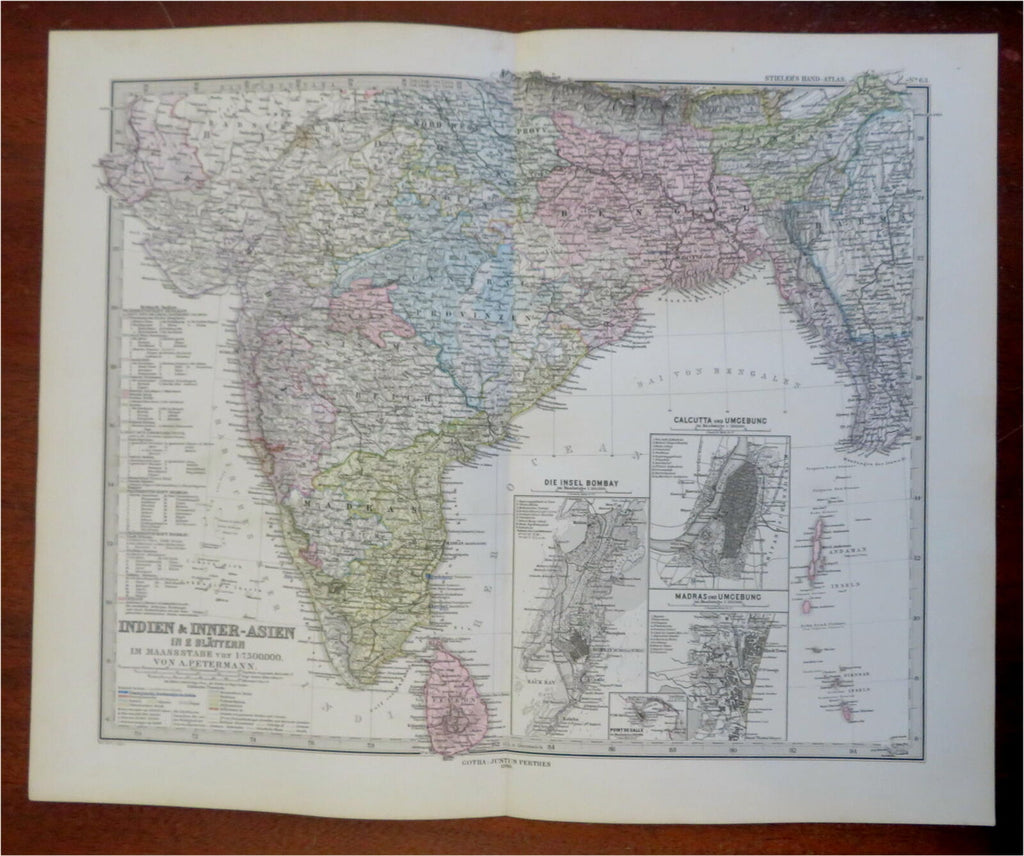 Southern India British Raj Bombay Calcutta Madras 1880 Petermann detai ...