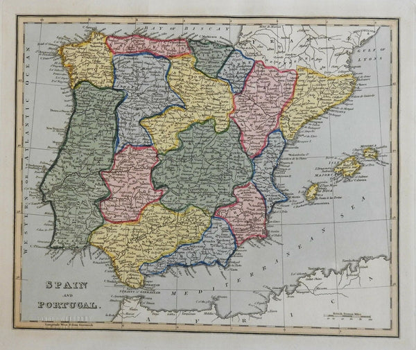 Spain & Portugal Iberia 1823 scarce Ellis map w/ lovely original hand color