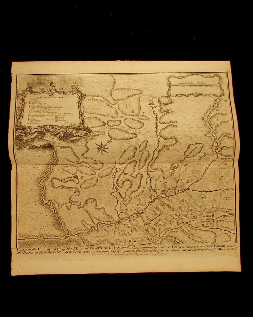 Battle Prats del Ray Spain Catalonia 1740 Basire antique map Staremberg Vendosme