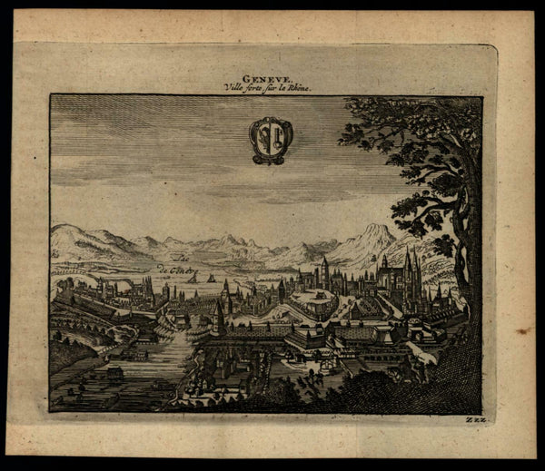 Geneva Switzerland birds-eye city view c.1680-1700 charming miniature print