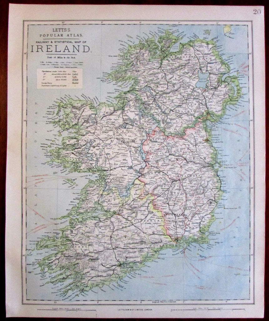 Ireland Eire lighthouses located 1883 Lett's detailed SDUK old map