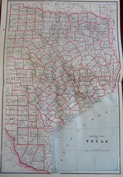 Texas State Map Houston Dallas El Paso Corpus Christi 1891 Cram 2 shee ...