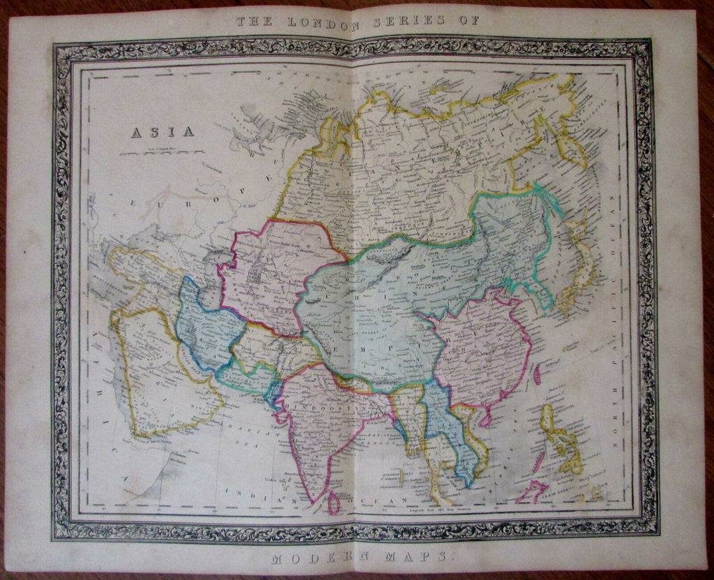 Asia China Arabia India rare 1850 Betts decorative large hand color antique map