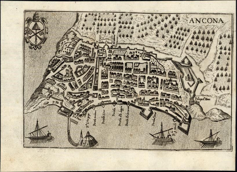 Italy Italian Ancona city plan 1629 Bertelli rare engraved antique map