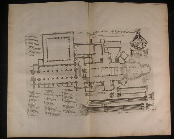 Floor Plan Metropolitan Church Canterbury 1682 rare antique engraved print