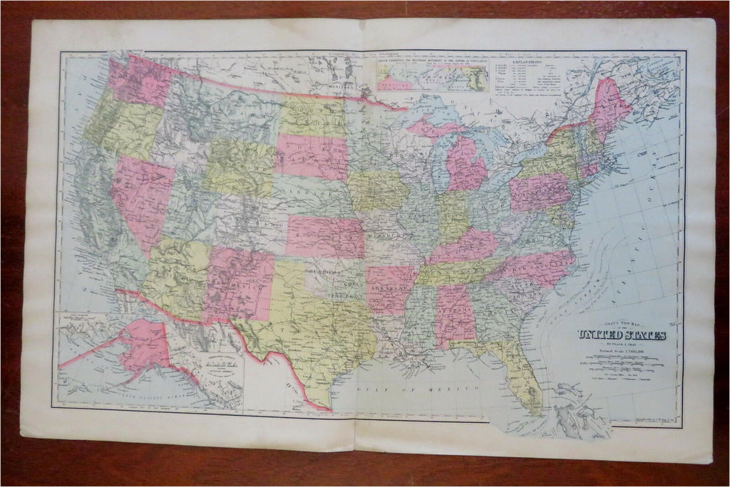 United States USA entire nation coast to coast 1897 Gray large hand colored map