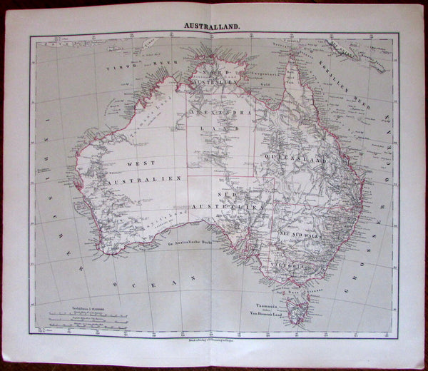 Australia continent many early routes & dates 1874 Flemming detailed old map