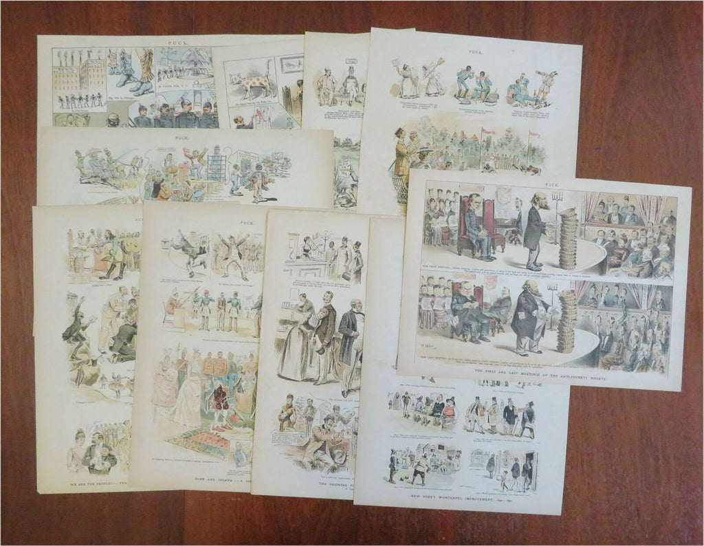 American political Cartooning Opper Art 1880's Puck Humor Lot x 10 color prints