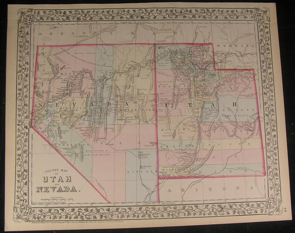 Nevada & Utah detailed 1872 fine old vintage antique lithograph hand color map