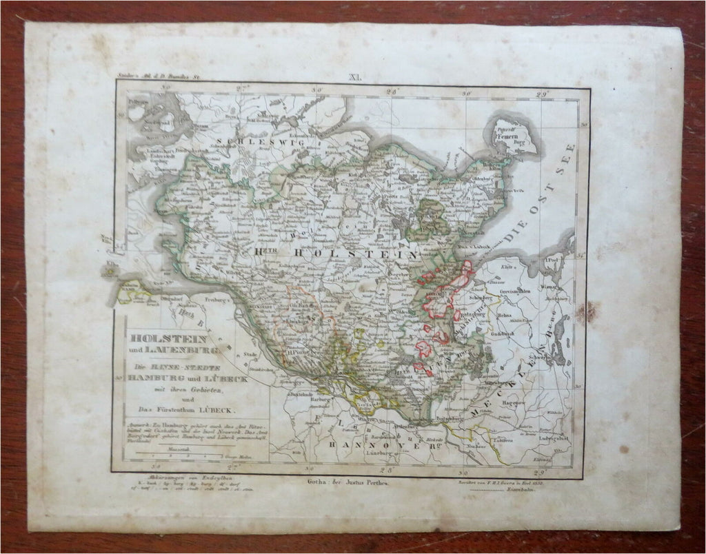 Holstein Lauenburg Northern Germany Lubeck Hamburg Elbe River 1843 Stieler map