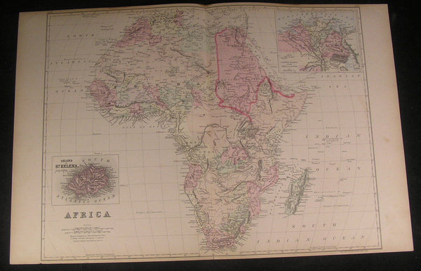 Africa Mountains of Kong 1884 large old antique vintage detailed hand color map