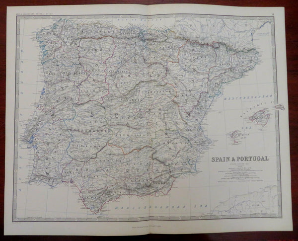 Spain & Portugal Madrid Lisbon Seville Barcelona 1865 Johnston large folio map