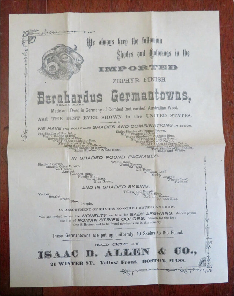 Isaac D. Allen Zephyr Finish Germantown Wool c. 1890's clothing broadside ad