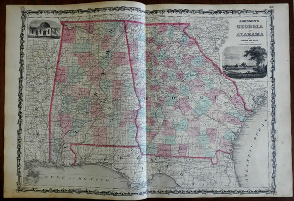 Georgia & Alabama American South 1862 Johnson & Ward decorative map Civil War
