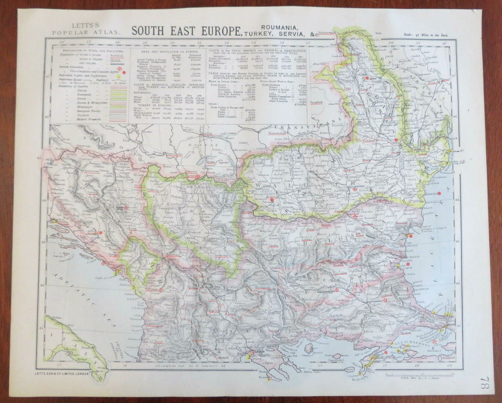Ottoman Balkans Romania Serbia Bosnia Wallachia Salonika 1883 Letts scarce map