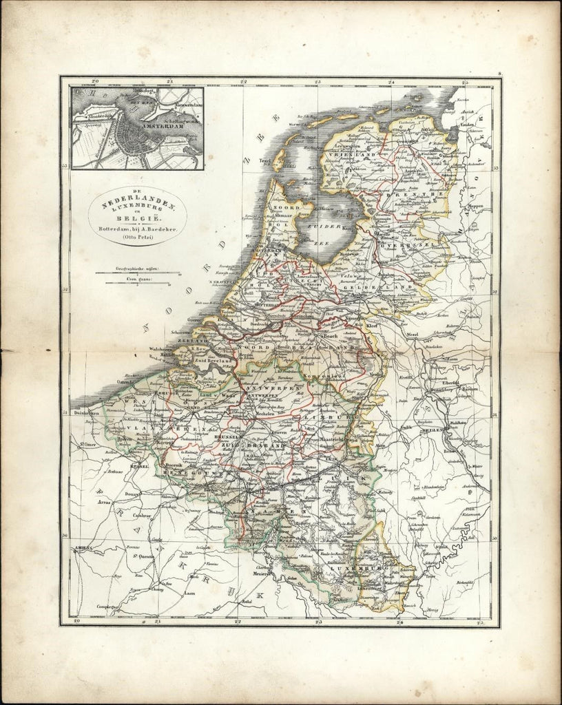 Amsterdam city plan Holland c.1844 rare Adolph Baedeker Petri Dutch engraved map