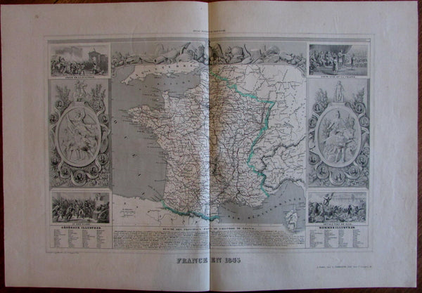France 1845 Levasseur decorative carte-a-figures map nudity effaced vignettes
