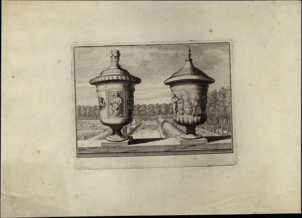 Garden Statuary Urns Vases c.1730's French Rococo style leisurely 2 old prints