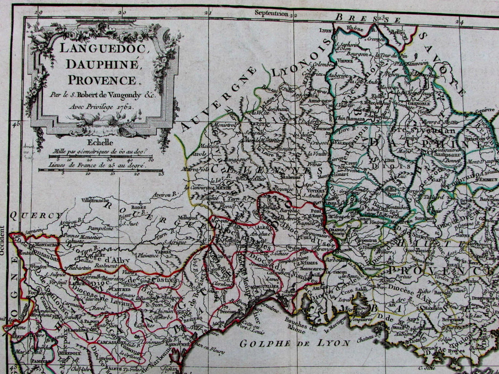 Languedoc Dauphine Provence France Riviera Lyon 1762 Vaugondy old Vaugondy map