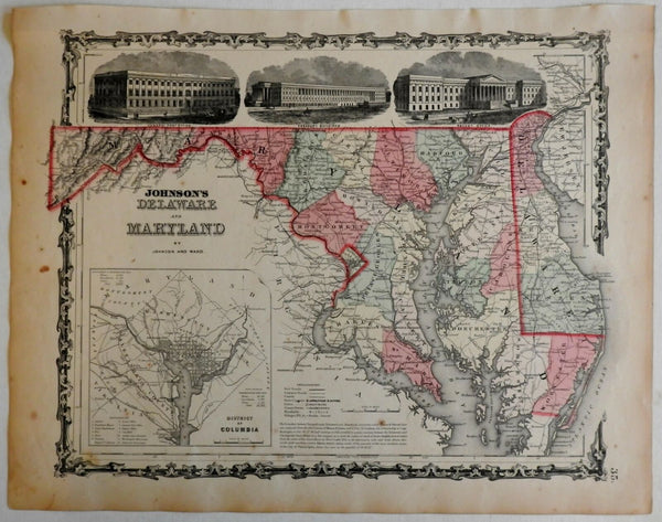Delaware & Maryland w/ vignette views & D.C. city plan 1862 Johnson & Ward map