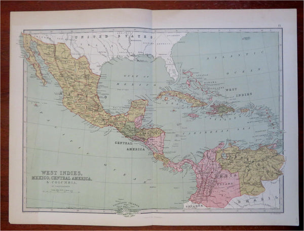 Caribbean Sea Mexico Central America Bahamas Colombia 1873 Bartholomew map