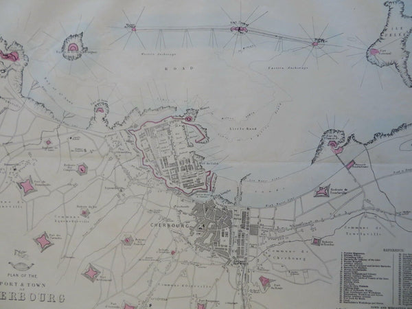 Cherbourg Normandy France Fortifications c. 1856-72 Weller detailed city plan