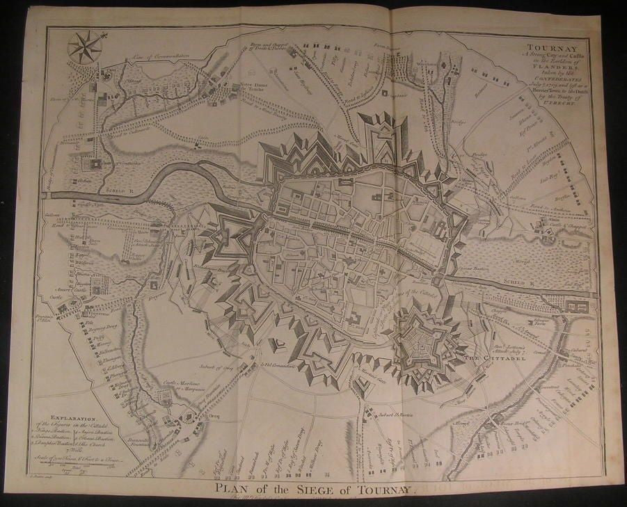 Siege of Tournai Belgium Spanish Succession c.1740 antique copper engraved map