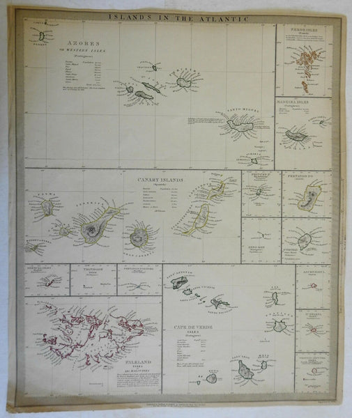 Islands of the Atlantic Azores Falklands Madeira 1836 SDUK detailed antique map