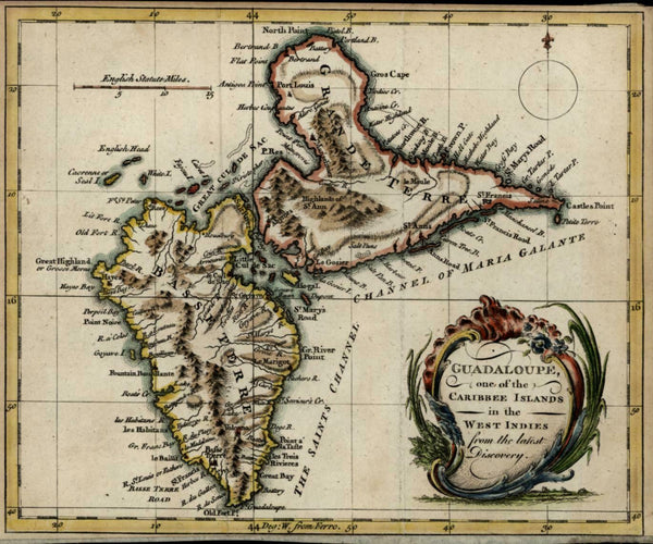 French Guadeloupe Caribee Islands Caribbean 1759 Bowen scarce periodical map
