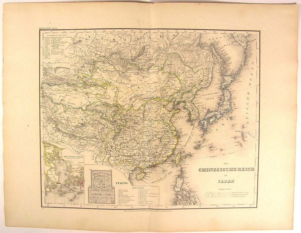 Chinese Empire w/ Peking city plan Canton Japan Asia 1873 antique Meyer map