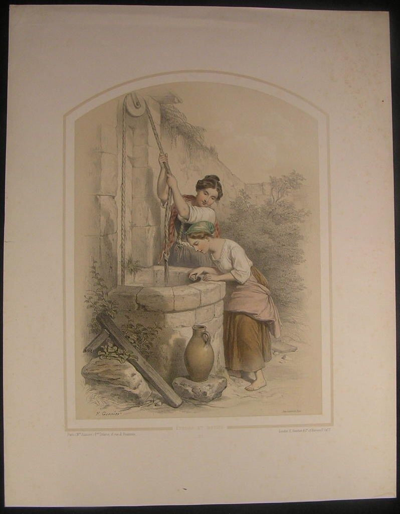 Young women maidens well water c.1850 antique French color lithograph print