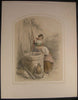 Young women maidens well water c.1850 antique French color lithograph print