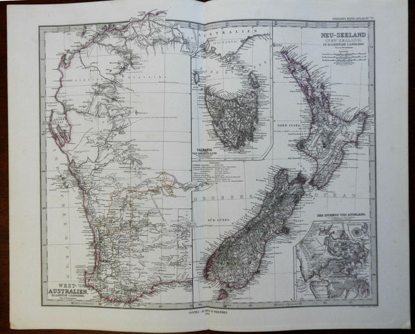 Western Australia Perth New Zealand Tasmania Auckland 1876 Stieler detailed map