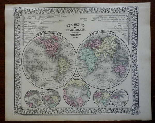 World map double Hemispheres Polar Projections World Rivers 1869 decorative map
