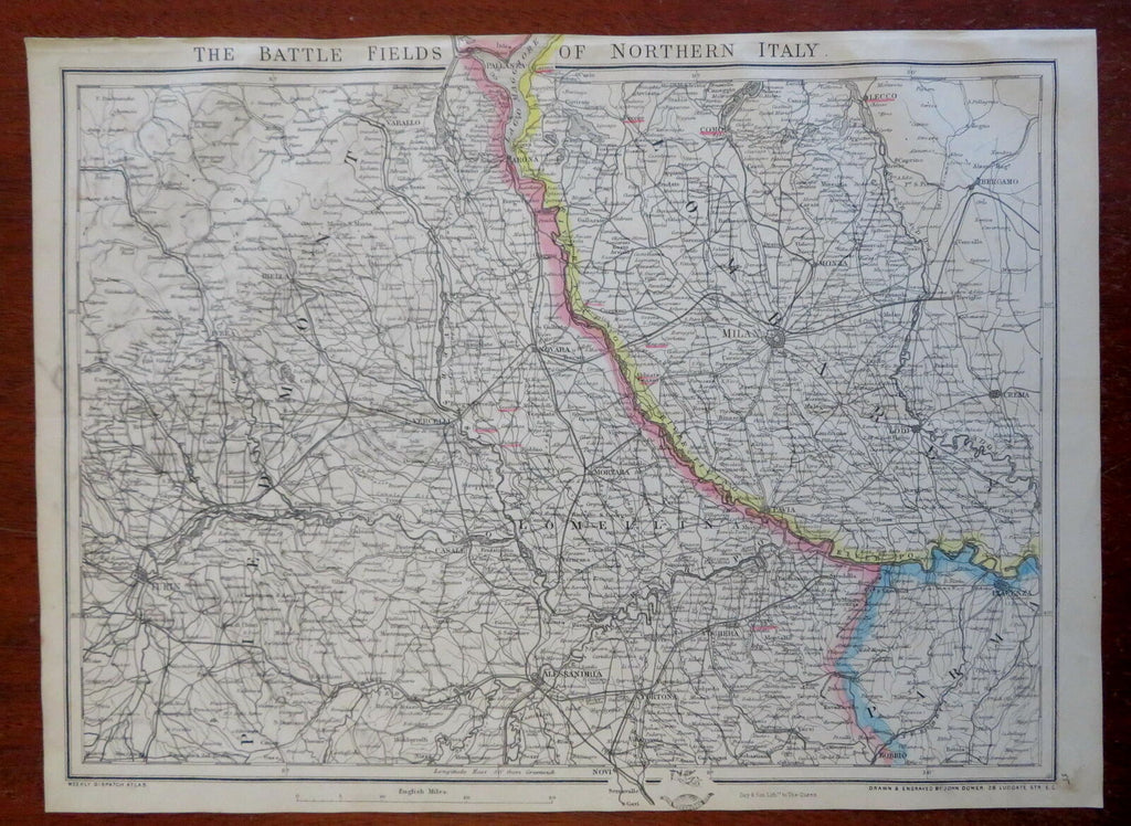 Battle Fields Northern Italy War of Unification Milan Turin c. 1866 Weller map