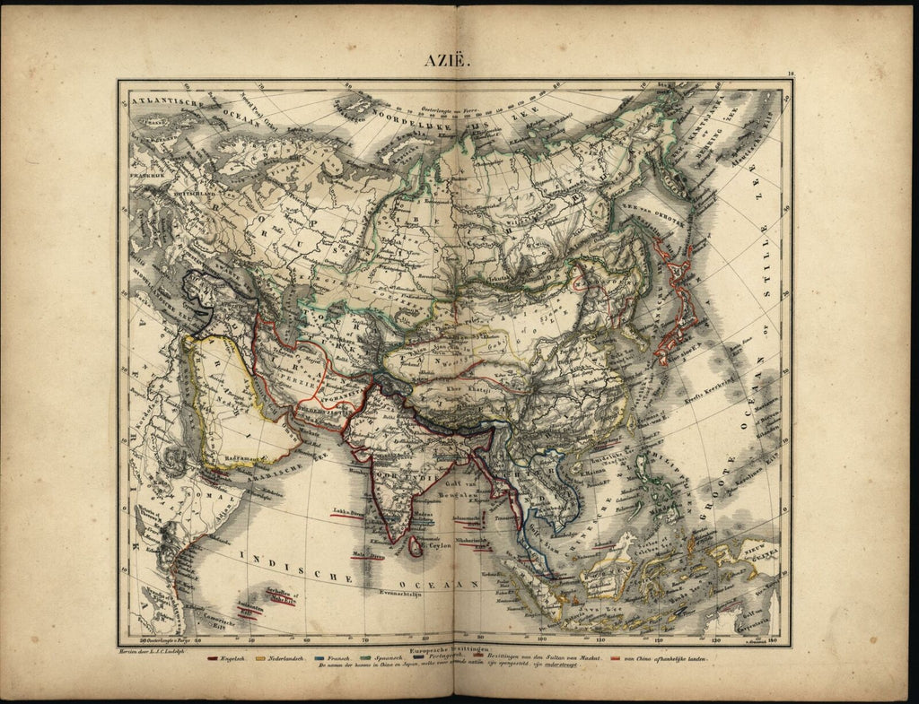 Asia Iran Arabia Tibet China India Japan Indonesia c.1865 Petri rare antique map