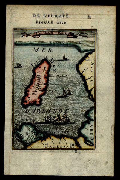 Isle of Man England U.K. 1683 Mallet hand colored miniature map w/ sailing ships