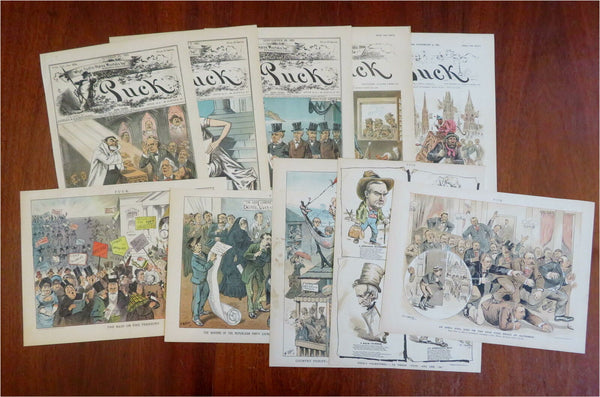 Puck Political Cartoons covers Opper Art 1880s Lot x 10 scarce old color prints