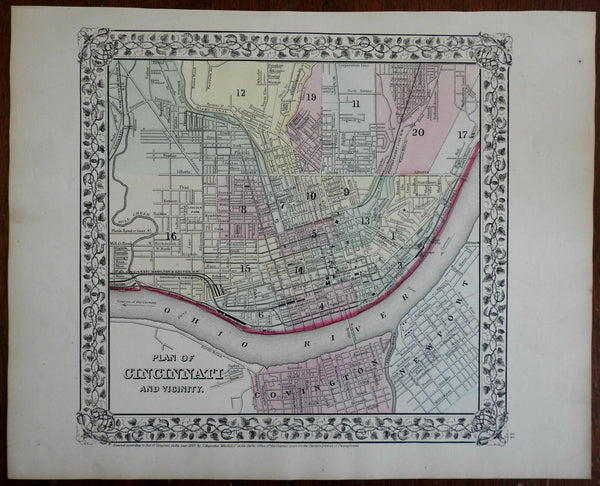 Cincinnati Ohio & Vicinity Covington Newport Ohio River c. 1867-9 Mitchell map