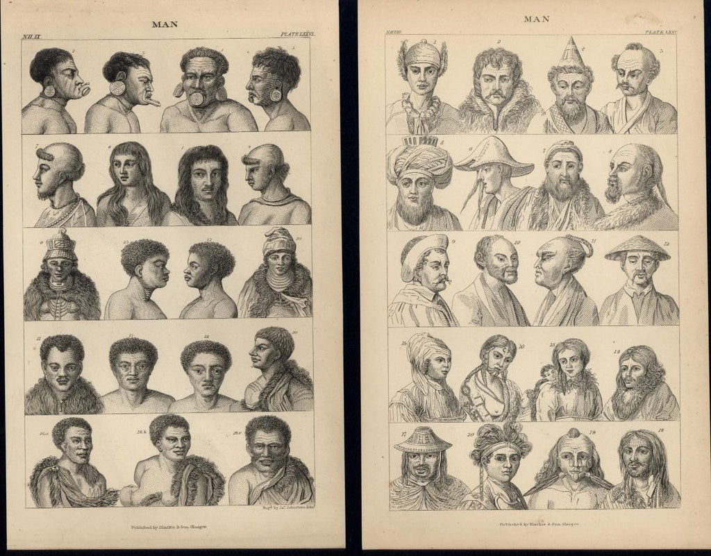 Physiognomy Ethnic Races of World compared 1873 series of 4 old engraved prints