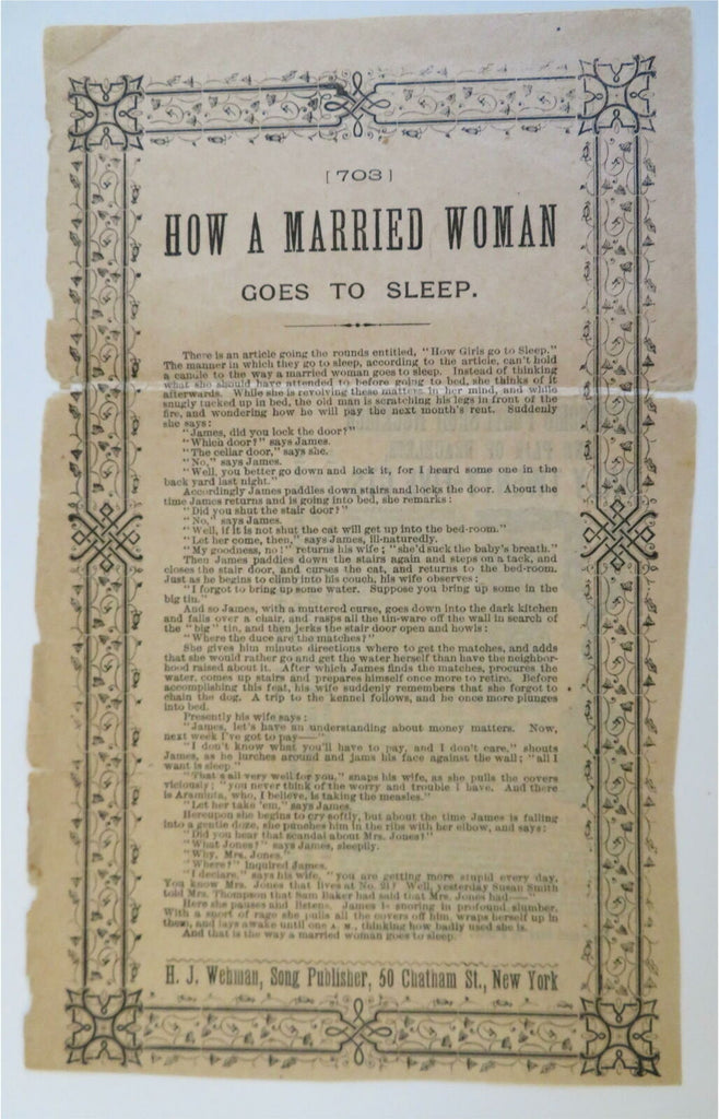 How a Married Woman Goes to Sleep c. 1880's H.J. Wehman humorous advertisement