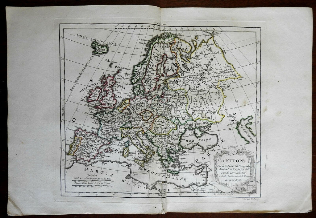 Europe France Scandinavia Russia Italy Hungary 1780 Vaugondy engraved map