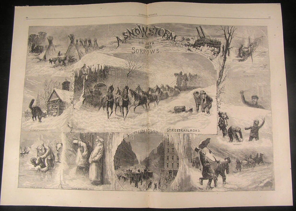 Snowstorm Joys and Sorrows Railroad 1873 antique wood engraved large print