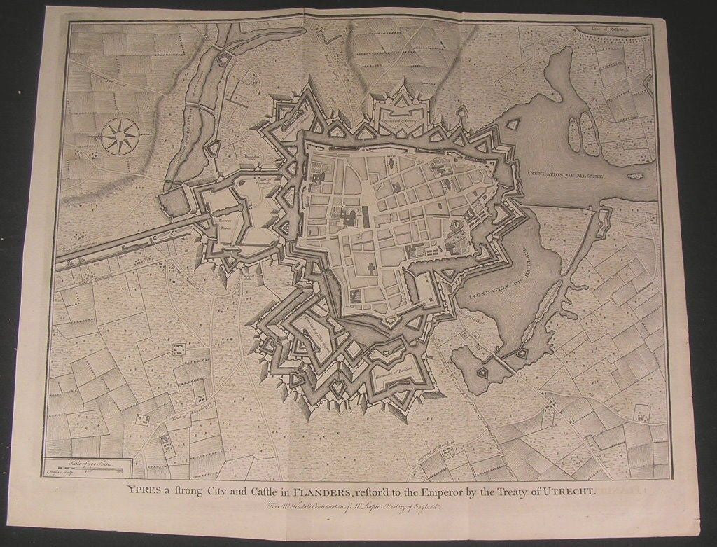 Ypres Flanders Belgium 1740's Basire fine old large vintage antique city plan