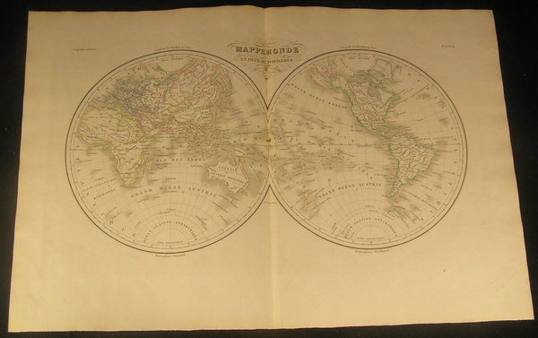 World Hemispheres w/ Mountains of Moon in Africa 1846 antique engraved color map